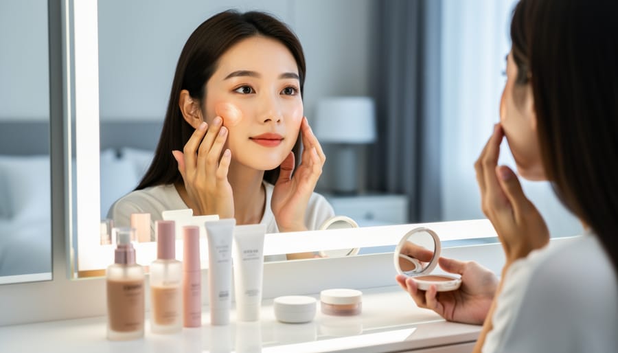 Close-up of a woman applying dewy Korean-style makeup with a blush brush and compact at a vanity