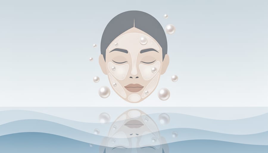 Still life with water reflections, pearly skincare-like beads, and a dewy sheet mask on a satin surface