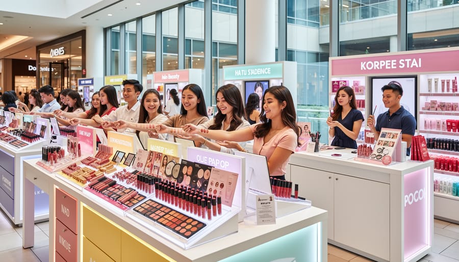 Wide view of a K-beauty pop-up with pastel product displays and a mirror station