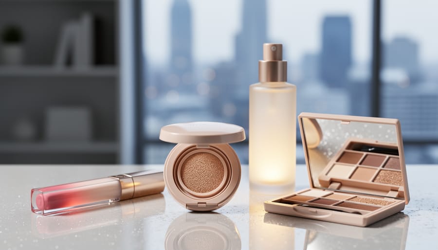 Close-up of Korean makeup items on a modern vanity, including a cushion compact, lip tint applicator, and neutral eyeshadow palette with a dewy glow.