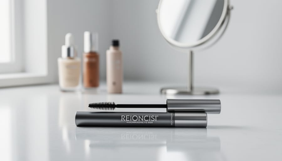 Close-up of Vibely mascara tube and mascara wands on a clean vanity surface
