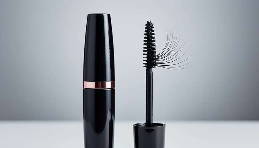 Close-up of the Lash Cosmetics Vibely mascara tube and wand, styled to suggest lifted, extension-like lashes.