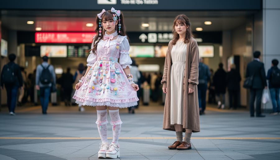Two women styled in Japanese street fashion on a Tokyo sidewalk, featuring Lolita-inspired frills and layered Decora accessories, alongside a minimalist Mori Kei earth-tone outfit, with blurred commuters in the background.