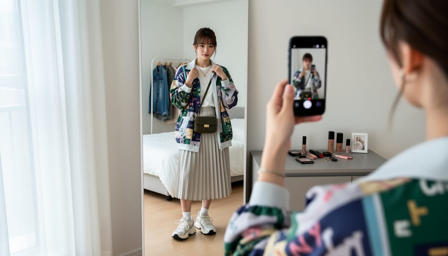 Woman adjusting a pastel bow hair accessory and smoothing an oversized cardigan in front of a mirror indoors.