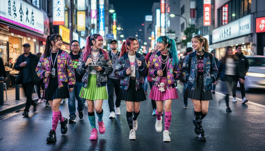 Women posing in colorful layered Japanese street fashion on a neon-lit Harajuku street at night.