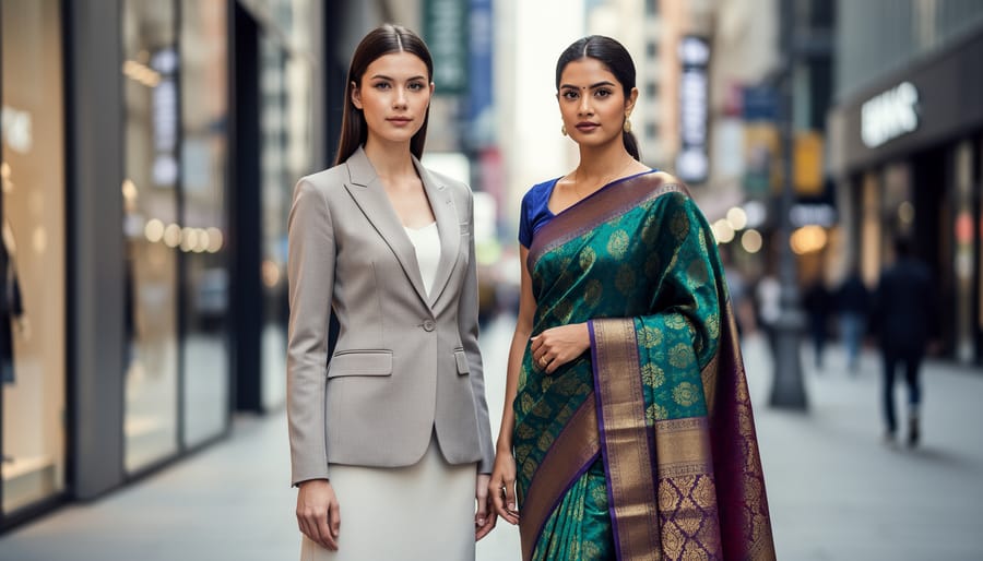 Two fashion models displaying a modern blazer look alongside a jewel-toned silk saree, symbolizing the connection and distinction between similarly named women’s fashion brands.