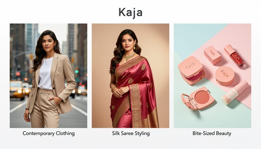 Contemporary blazer, lustrous silk saree, and small beauty jar arranged on a neutral tabletop
