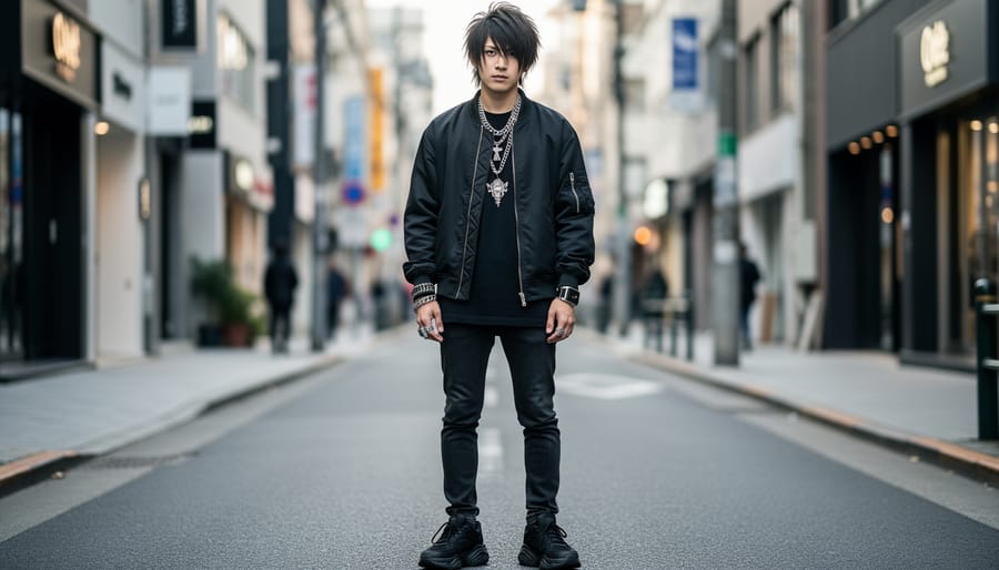 Close-up of layered chains and a cross pendant worn over a black denim jacket