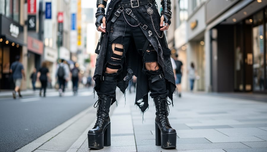 Ground-level view of visual kei platform boots and deconstructed outfit on a wet city sidewalk at night