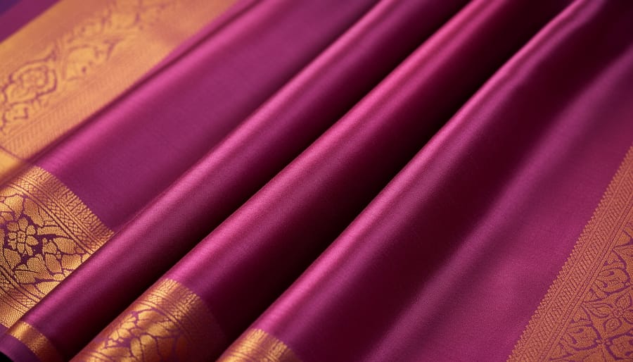 Close-up of hands holding a lustrous silk saree fabric with sunlight highlighting the weave