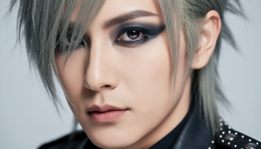 Visual kei model in a medium close-up with bold smudged black eye makeup and lace-and-leather styling