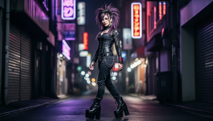 Visual Kei-inspired model wearing platform boots and a corseted top with dramatic eye makeup and towering teased hair in a neon-lit street scene