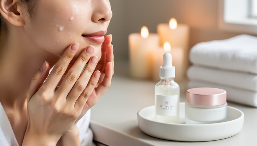 Hands applying a milky Japanese skincare essence with a minimalist tray of glass and ceramic skincare containers in soft natural light.