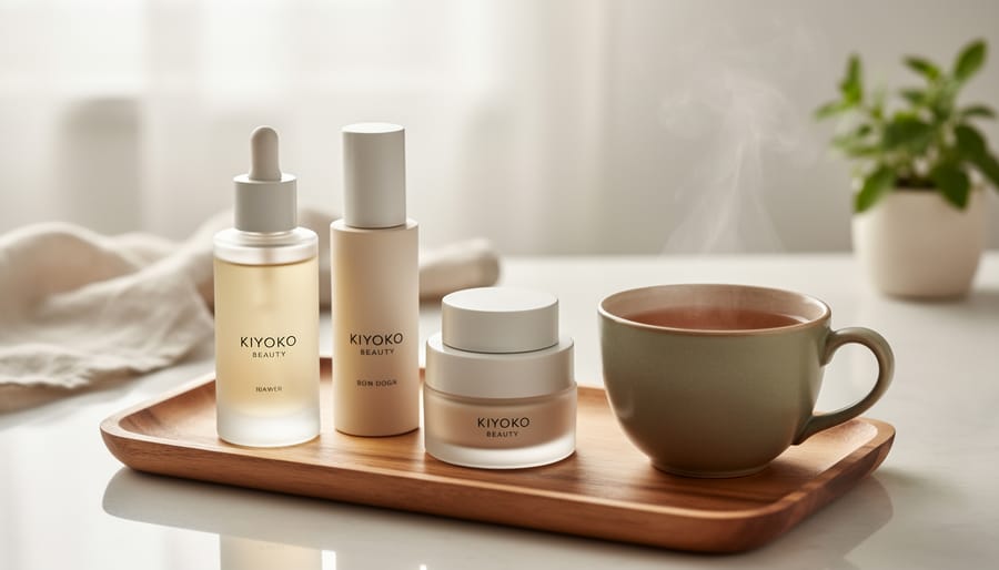 Skincare vanity with cleansing oil, cotton pads, and a cup of green tea on a minimalist countertop