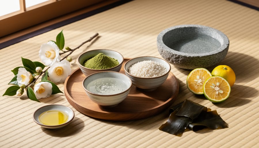 Rice bran scrub and camellia oil on a wooden table in a calm Japanese-inspired spa setting