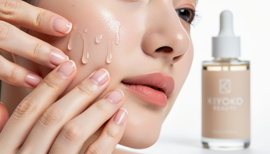 Hands applying facial essence to a woman’s cheek with a glass dropper bottle nearby
