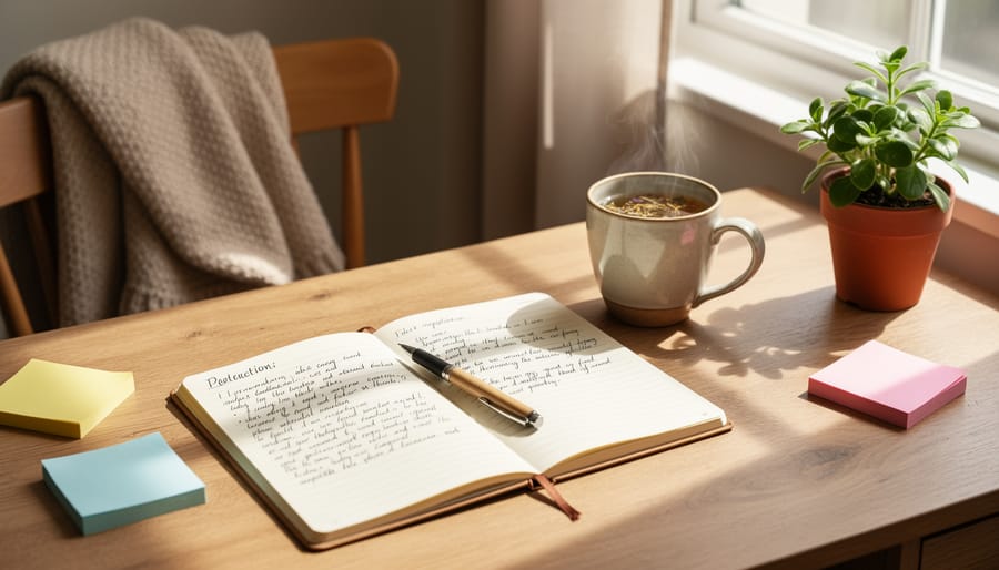 Open notebook with a pen on a wooden desk next to a water bottle and blurred plants