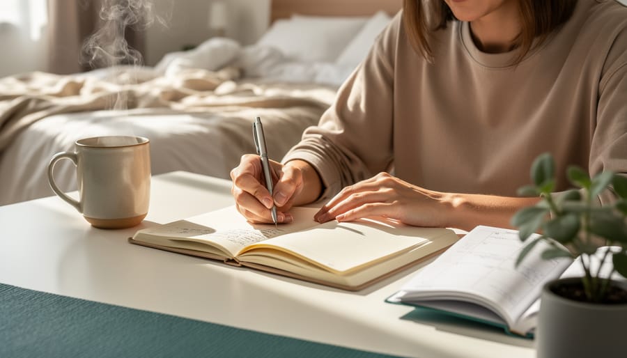 A woman writing in an open notebook at a desk with a mug of tea, a small plant, and soft morning daylight, conveying mindful self-care and routine tracking.